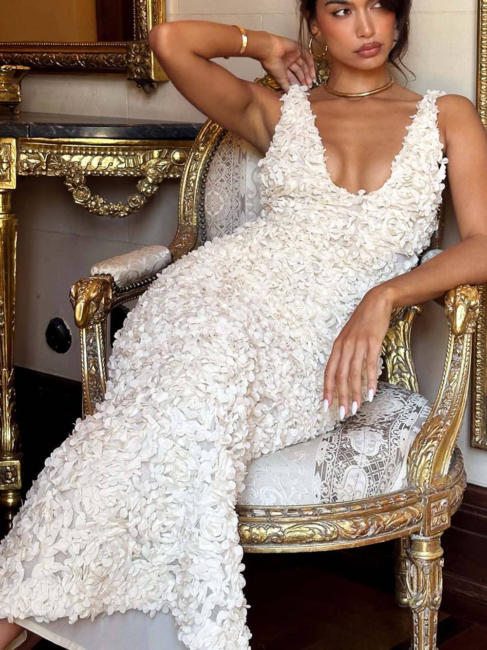 Creme Plunge Appliqué Maxi Dress-carena