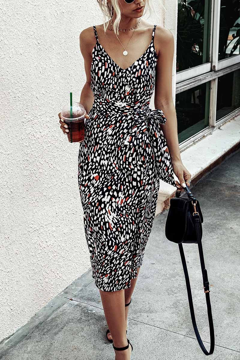 V Neck Print Midi Dress With Belts(4 Colors)