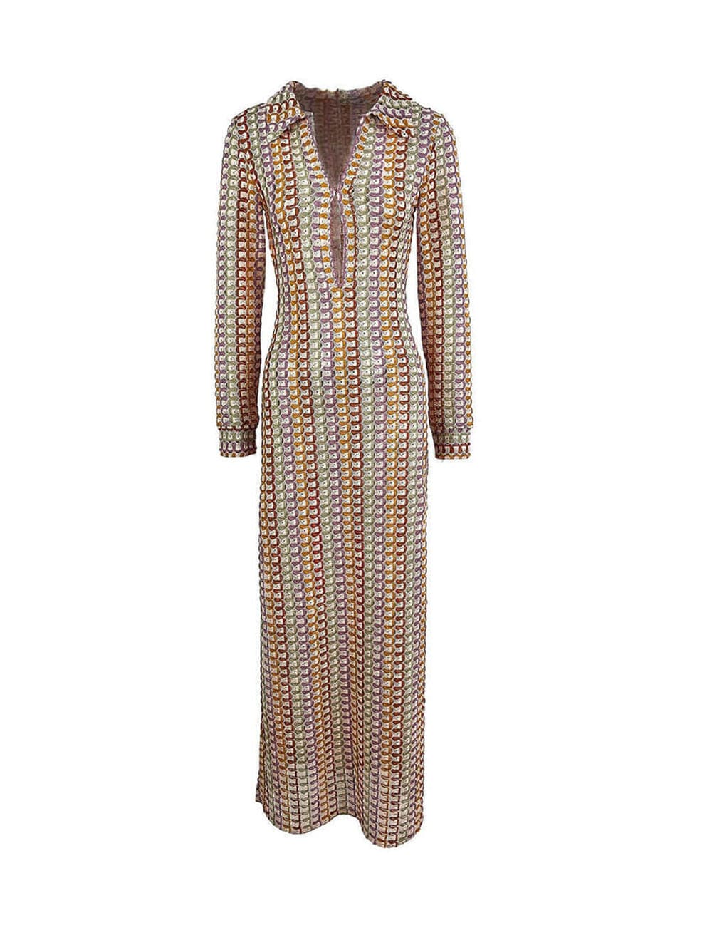 Collared V Neck Split Wavy Striped Crochet Beach Vacation Maxi Dress - Brown