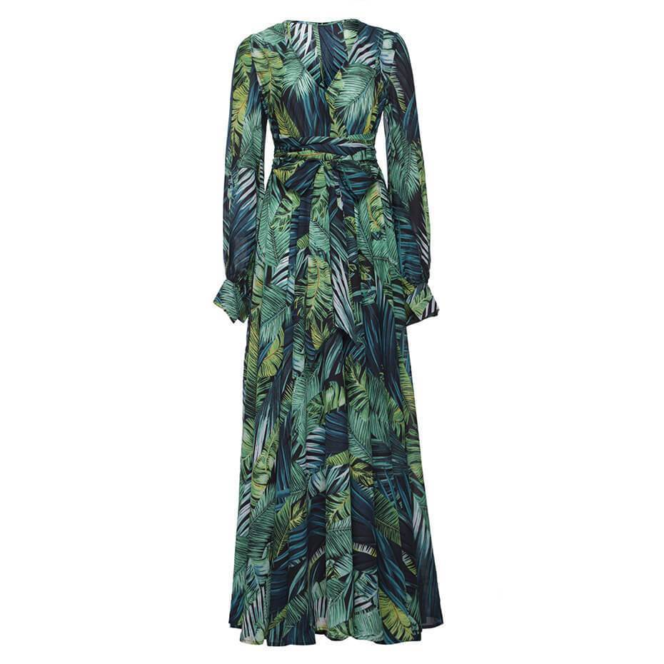 V-neck Leaf Print Maxi Dress