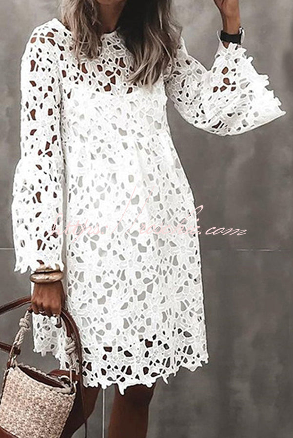 Presence Crochet Lace Bell Sleeve Mini Dress