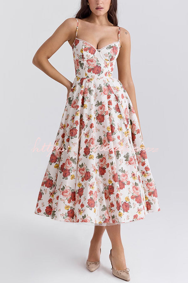 Fairy Tale Italian Rose Print Tulle Pocketed Slip Midi Dress