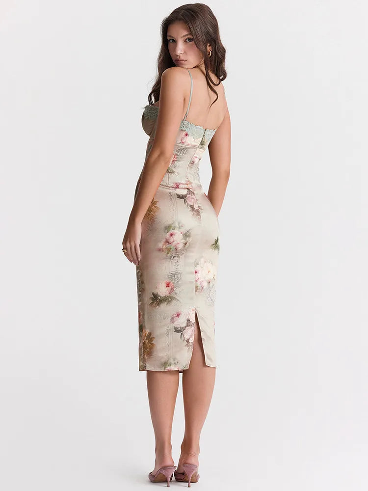 Spaghetti Strap Lace Print Midi Dress for Robe Strapless Backless High Waist Bodycon Club Party Long Dress