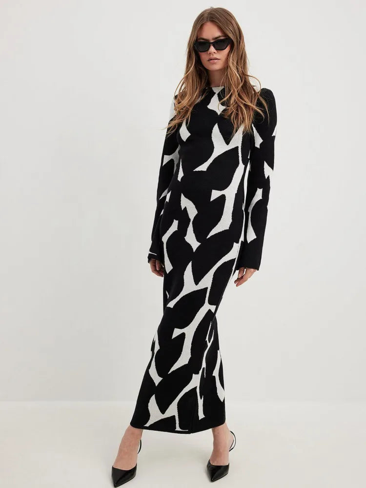 Autumn/winter New Long Sleeve Dress Knitted Sweater Long Dress Printed Bodycon Vesidos Party Evening