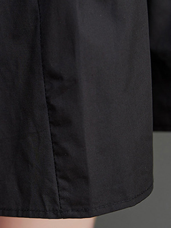 Loose Puff Sleeves Pleated Color Split-joint Round-neck Midi Dresses