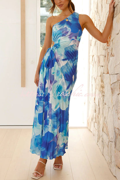 Laken Print One Shoulder Adjustable Tie Cutout Pleated Maxi Dress