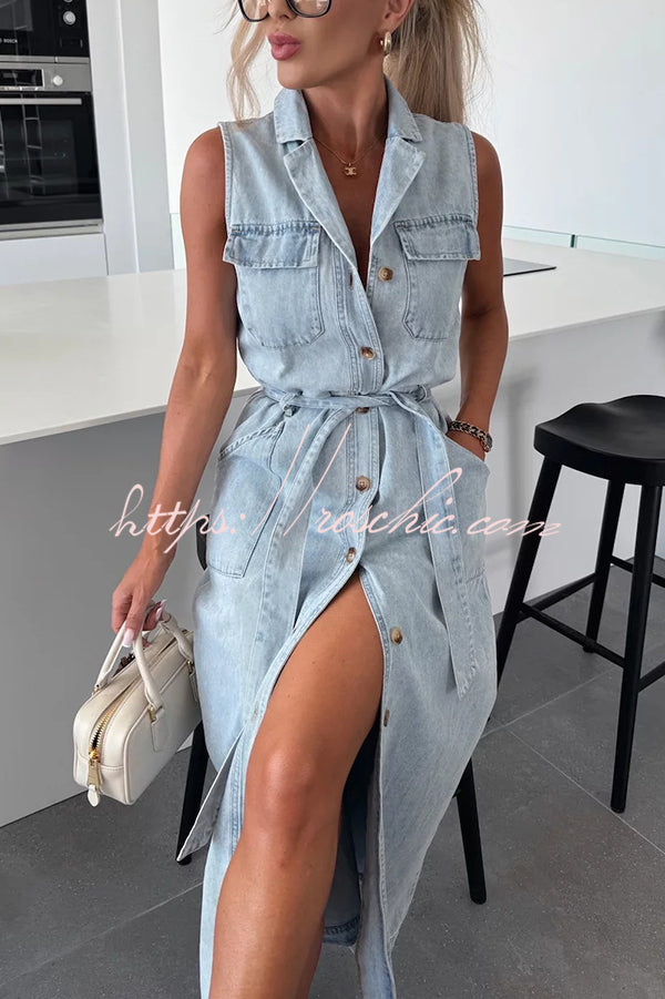 Color Sleeveless Single Breasted Waist Tie Pocket Denim Midi Dress