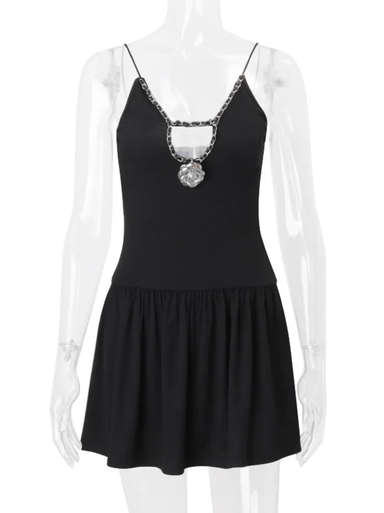 Deep V Neck Flower Mini Dress for Black New Spaghetti Strap Slim Fit Sleeveless Club Party Dress