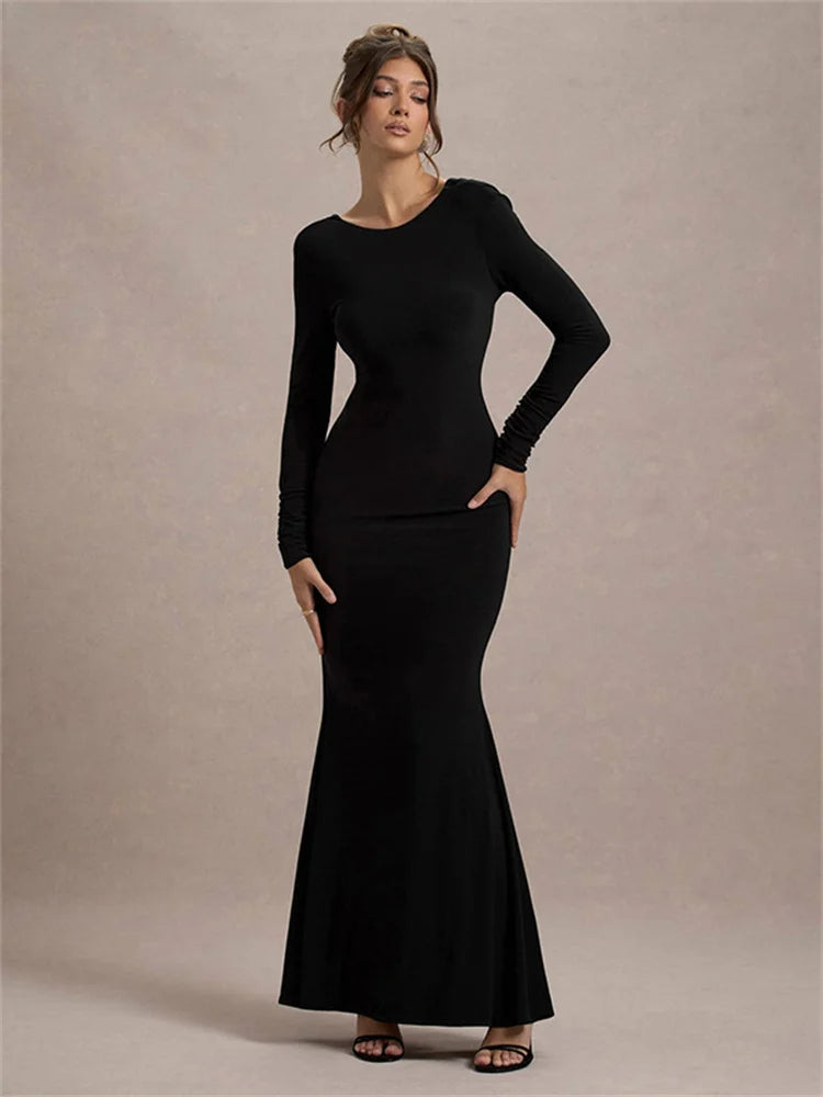 Black Tee Bow Backless Long Dress ’s High Waist Party Dress Gown Female Autumn Maxi Dress