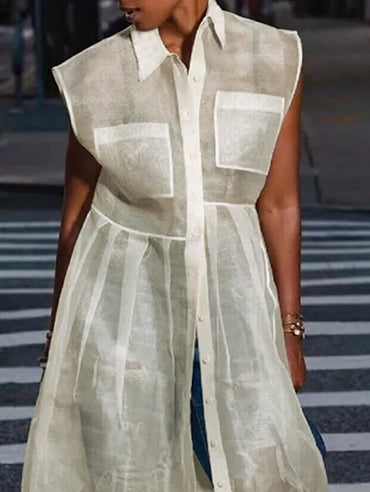 Cap Sleeve Loose Buttoned Pockets See-through Split-joint Transparent Lapel Midi Dresses Shirt Dress