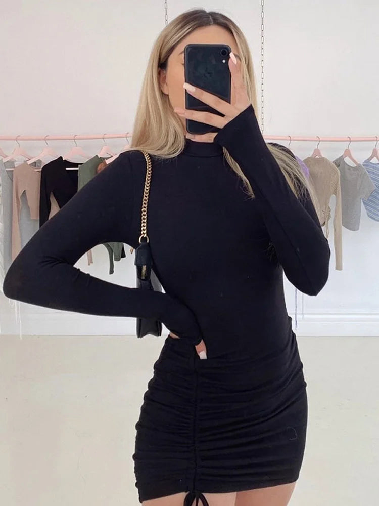 Long Sleeve Ruched Bodycon Dress Turtleneck Bandage Mini Dresses Autumn Black Skinny Stretchy Party Vestidos