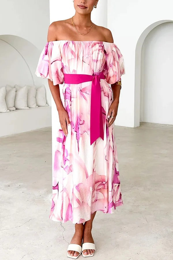 Print Puff Sleeve Tie-waist Midi Dress