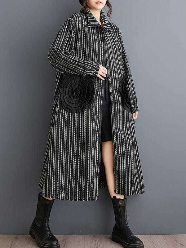 A-line Long Sleeves Elasticity Pockets Striped Zipper Lapel Midi Dresses