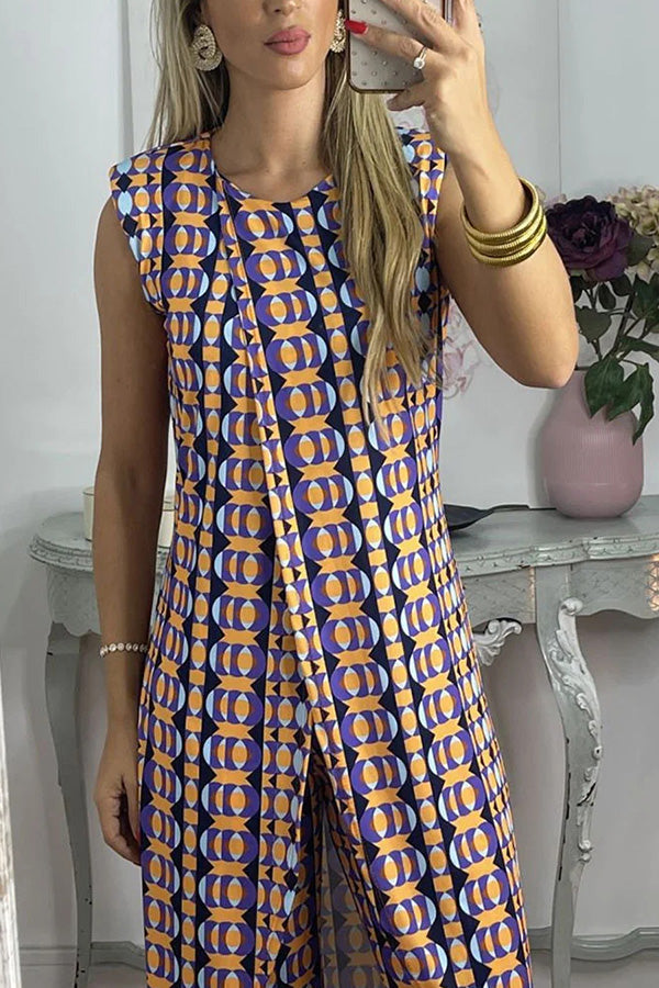 Retro Print Split Top Two-piece Set