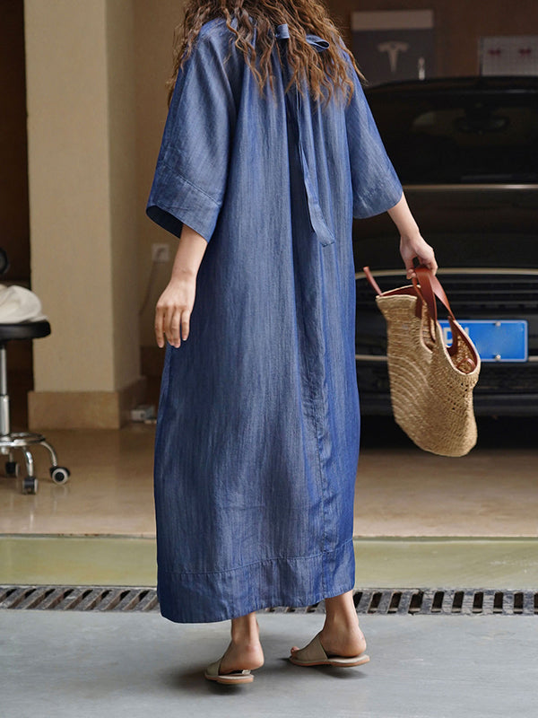 Loose Raglan Sleeve Drawstring Lace-up Pleated Color Round-neck Midi Dresses