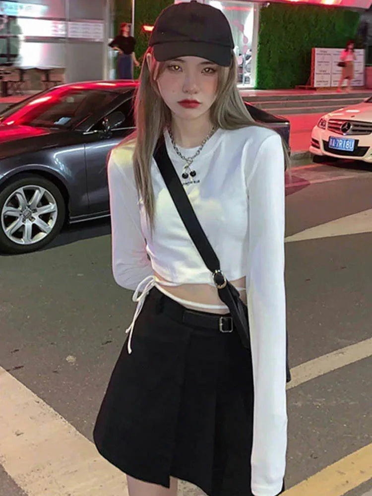 Long Sleeve T-shirts Design Crop Ins Prevalent Bandage Tops Harajuku Ulzzang Street Spring Female Ropa Hot Skinny New