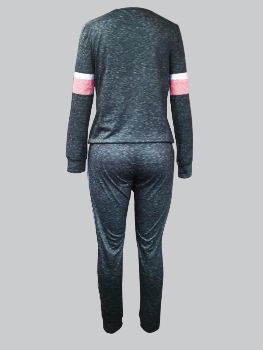 Drawstring Color Lump Pants Set Mixed Print Round Neck Long Sleeve Tracksuits Two Pieces Outfits