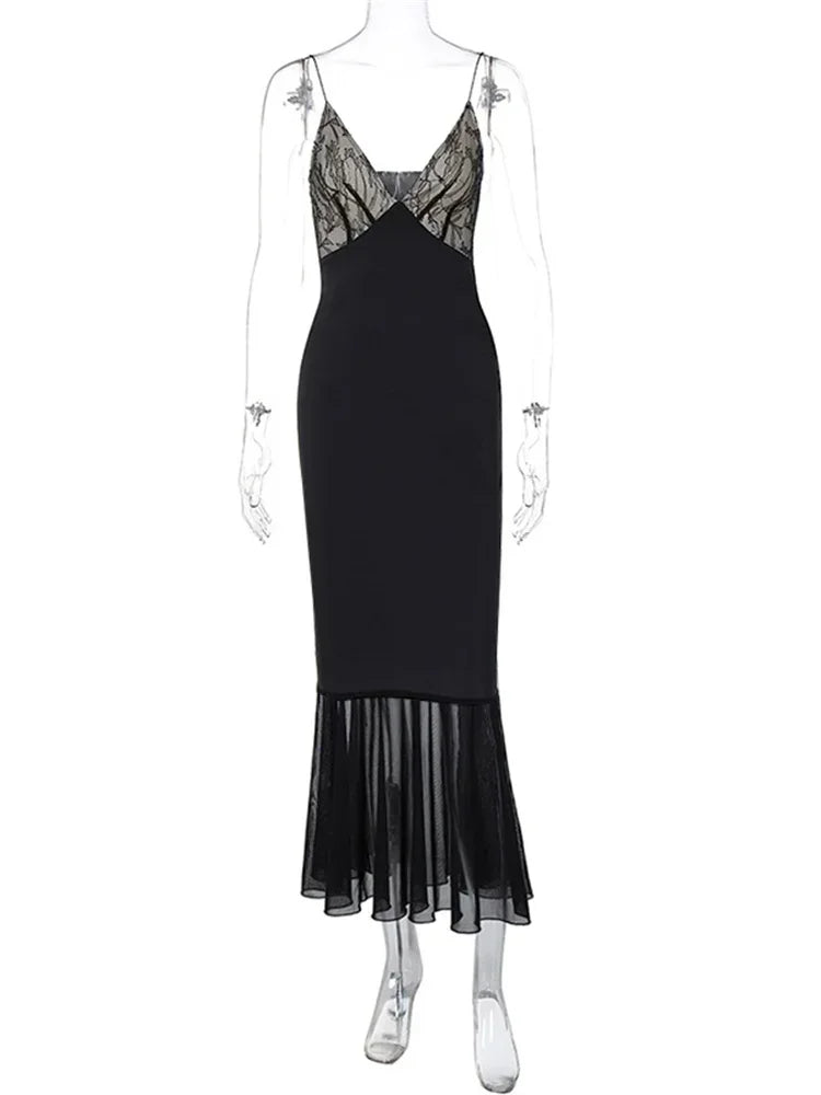 Female Mesh Lace Halter Dresses Patchwork Backless Slim V-neck Spaghetti Maxi Dress Printed Long Dress
