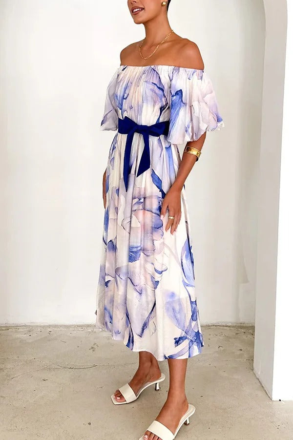 Print Puff Sleeve Tie-waist Midi Dress