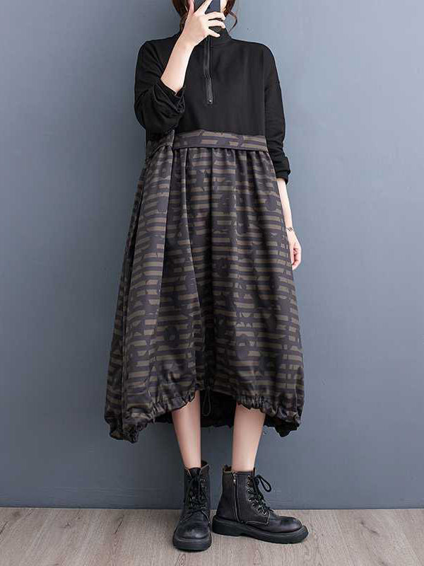 Long Sleeves Loose Drawstring Printed Split-joint Zipper Midi Dresses