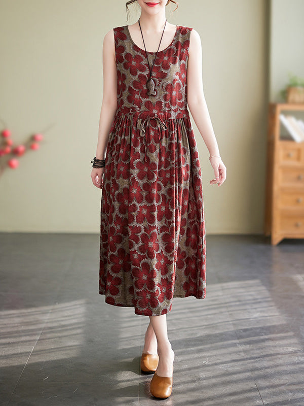 Loose Oversize Drawstring Printed Round-neck Midi Dresses