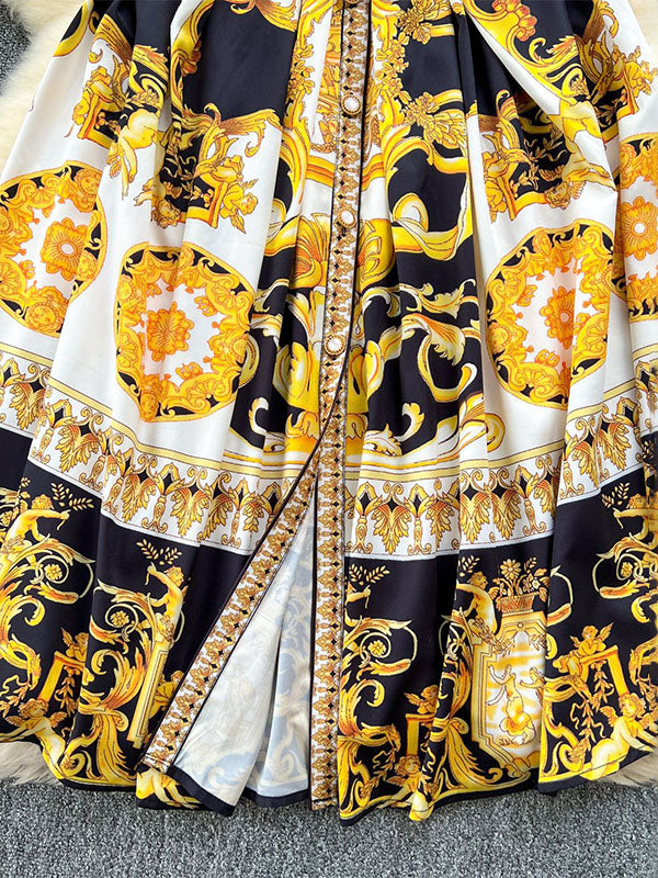 Sleeveless Belt Buckle Buttoned Contrast Color Printed Midi Dresses