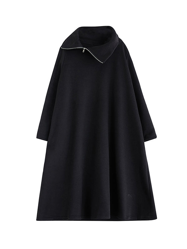 A-line Long Sleeves Asymmetric Color Zipper High Neck Midi Dresses