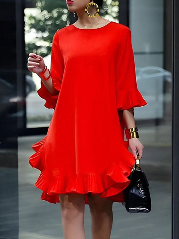 Half Sleeves Loose Falbala Color Round-neck Midi Dresses