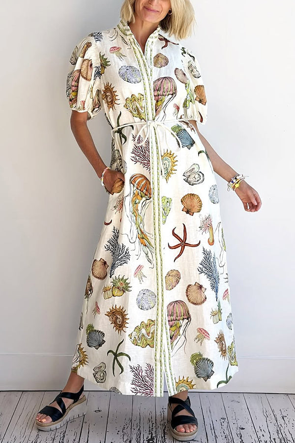 Beach Shell Print Puff Sleeve Tie-waist Midi Dress