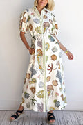 Beach Shell Print Puff Sleeve Tie-waist Midi Dress