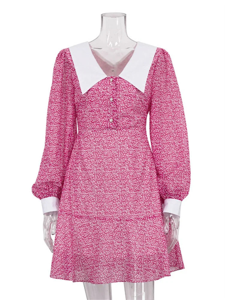 V-neck Printed Mini Dress for Slim High Waist Long Sleeve Party Dress Backless ’s Dress Summer