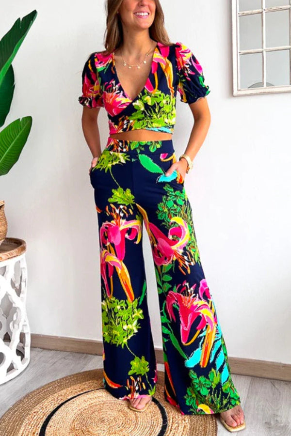 Print V Neck Short Sleeves Crop Top Elastic Waist Wide Leg Pants Set
