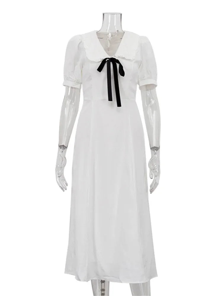 Ruffled White Long Dress ’s V-neck Lace-up Short Sleeve High Waist Patchwork Party Dress Maxi Dress