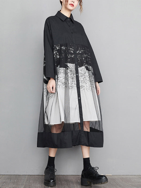 A-line Long Sleeves Buttoned Gauze Printed Split-joint Lapel Midi Dresses