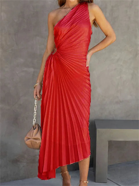 Female Dress Gown Pleated One-shoulder Sleeveless Summer Party Dress Slim for Maxi Dress