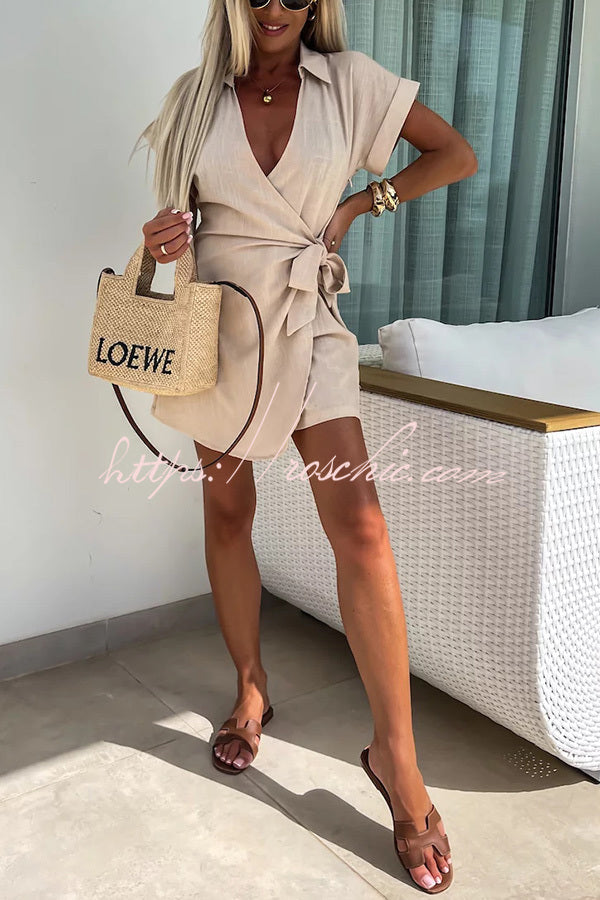 Relaxing Beach Linen Blend Color Wrap Loose Shirt Romper