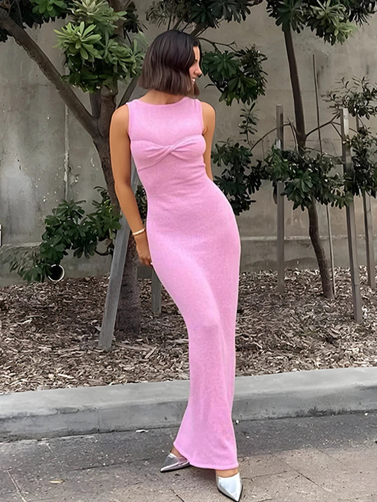 Summer Beach Knit Maxi Dress for Cover-up Pink Sleeveless Twist Sundress Knitwear See-through Maxi Bodycon Dress New