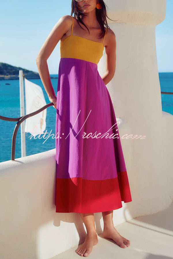 Splicing Sling Back Pleated Holiday Style Midi Dress