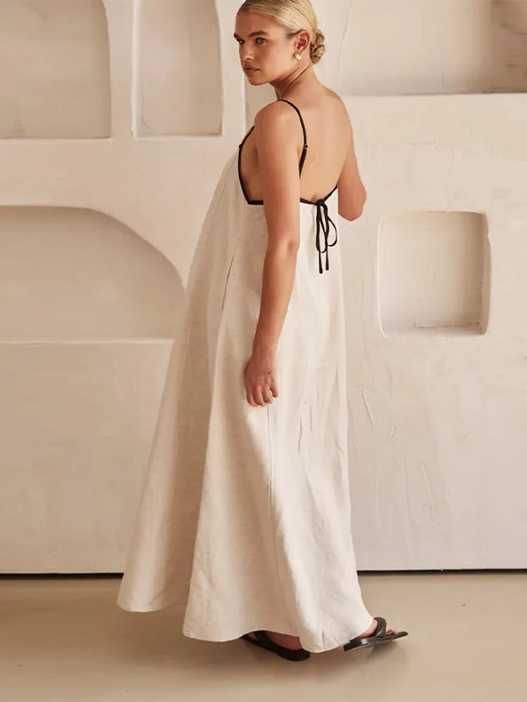 Cotton Linen Sling Dress Summer Backless Sleeveless Slip Long Dresses Lady Loose Maxi Dress