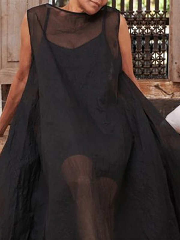 A-line Loose Pockets See-through Color Round-neck Cover-up Midi Dresses