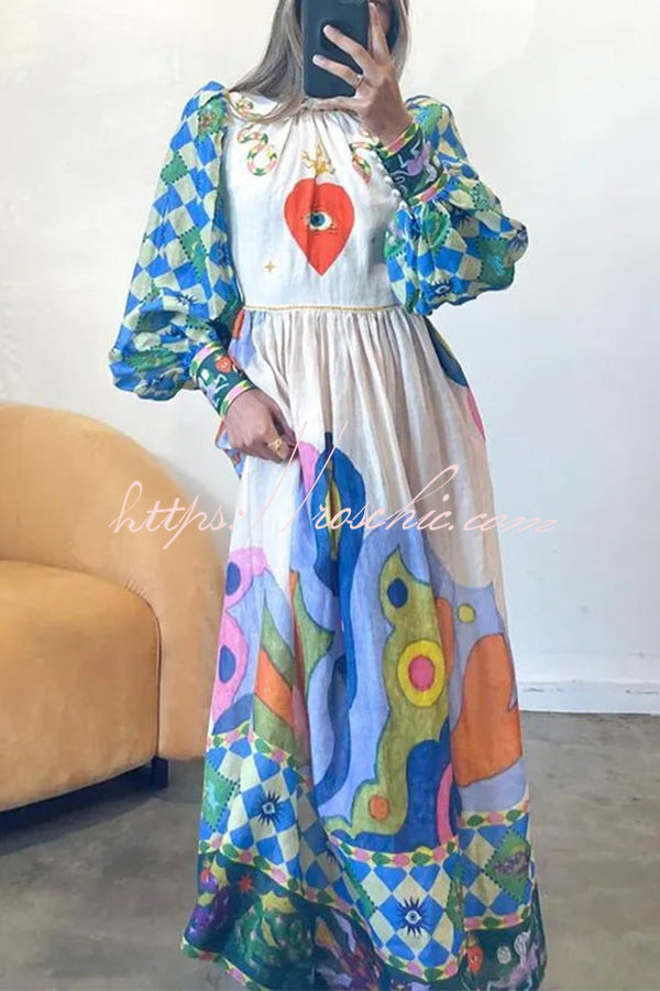 Dear to My Heart Unique Print Lantern Sleeve A-line Midi Dress