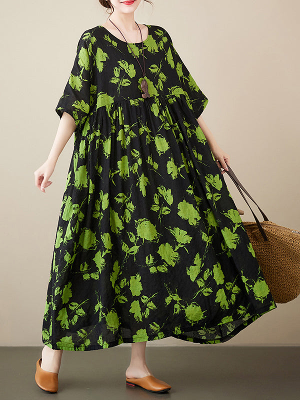 Loose Pleated Round-neck Midi Dresses