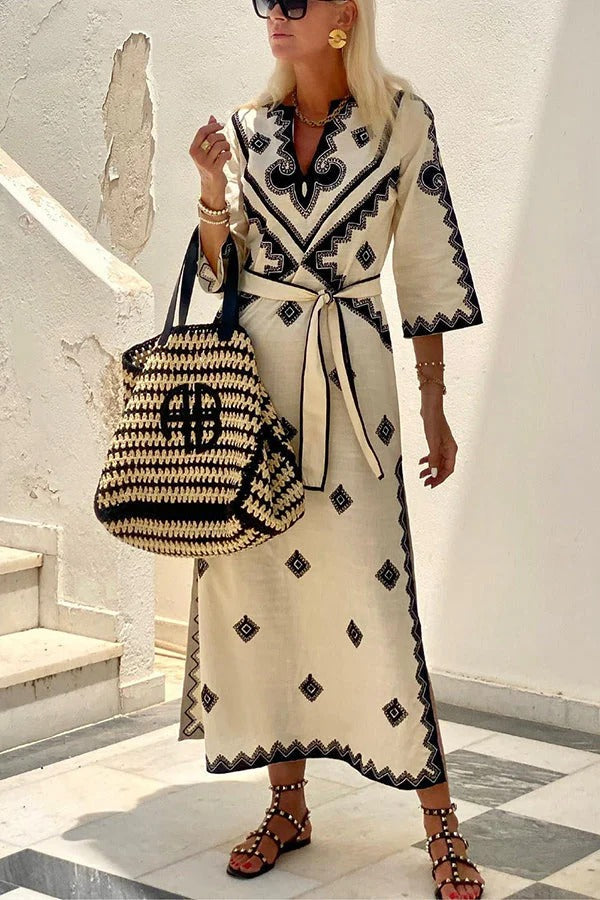 Quiet Atmosphere Linen Blend Print Belted Midi Dress