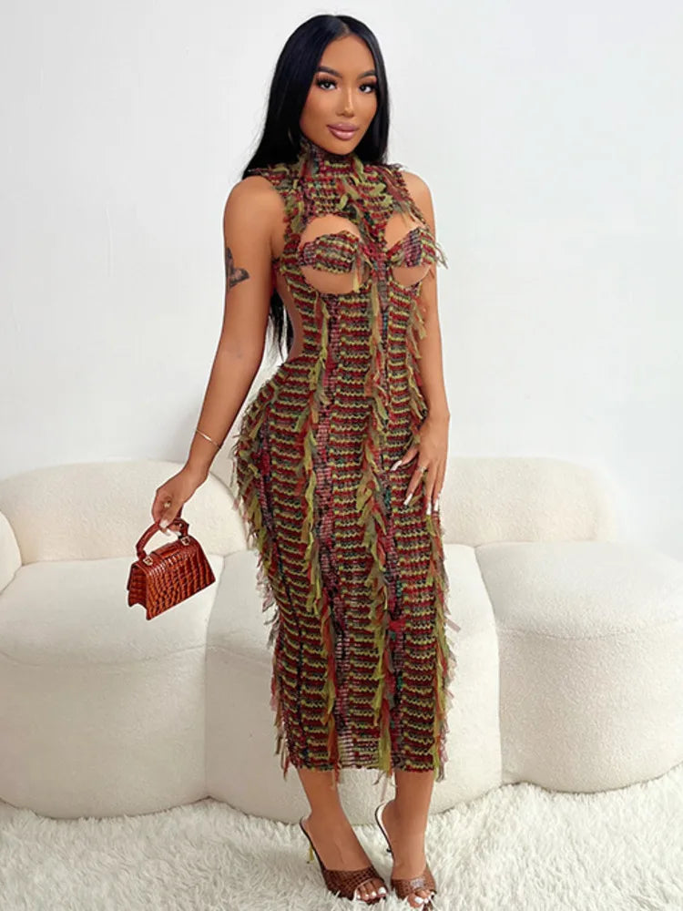 Sleeveless Hollow Out Bodycon Long Dress for New High Neck Street High Waist Slim Vestidos
