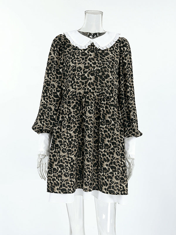 Puff Sleeves Contrast Color Falbala Leopard Split-joint Mini Dresses