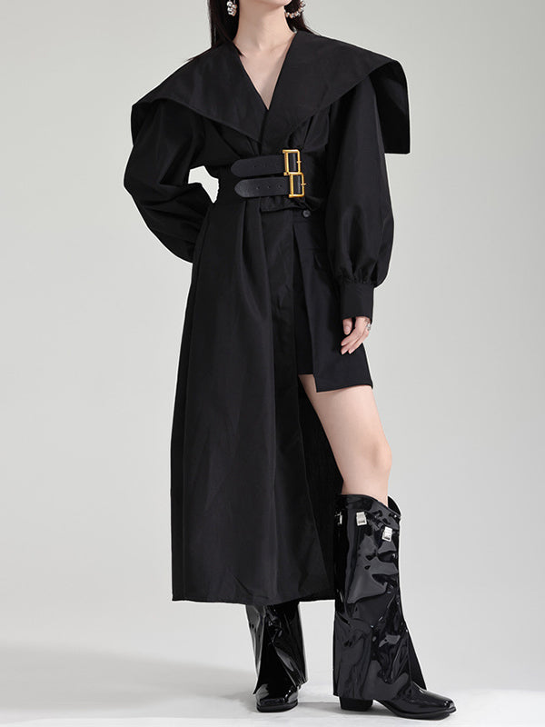 High Waisted Long Sleeves Asymmetric Belted Pleated Color Lapel Midi Dresses