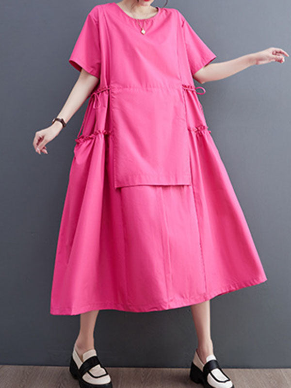 Loose Short Sleeves Color Split-joint Round-neck Midi Dresses