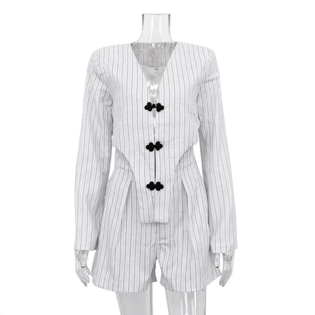 Designer ’s Striped Set Oversized Blazer Two Pieces Set for Pullover Long Sleeve Shirt Tops and Shorts