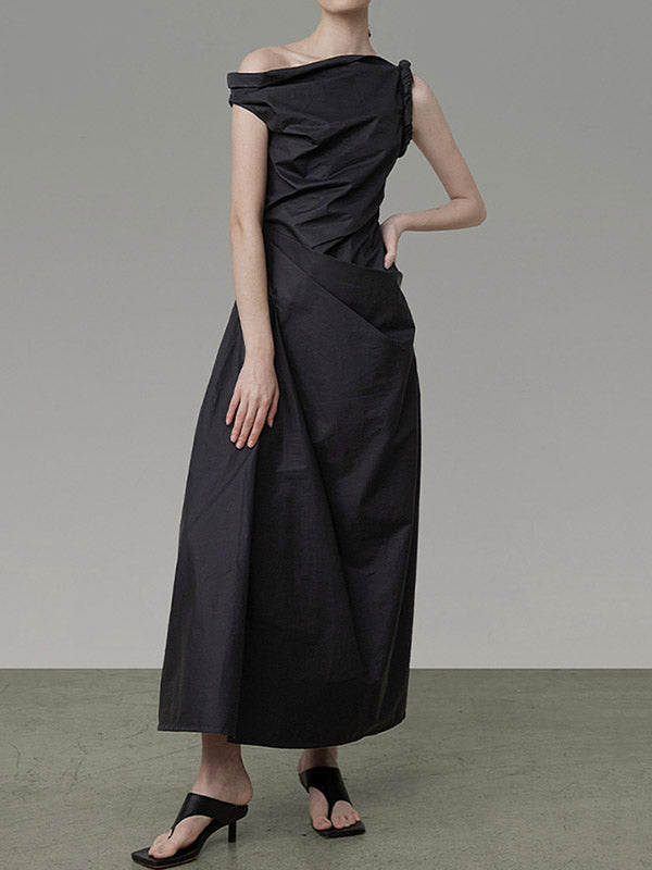 A-line High Waisted Asymmetric Color One-shoulder Midi Dresses