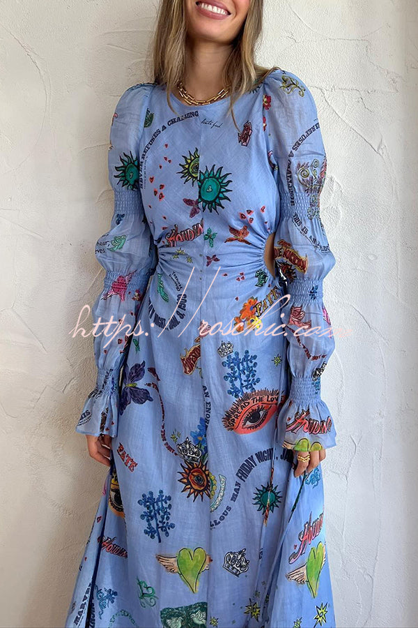 Special Holiday Linen Blend Unique Print Cut Out Puff Sleeve Lightweight Midi Dress